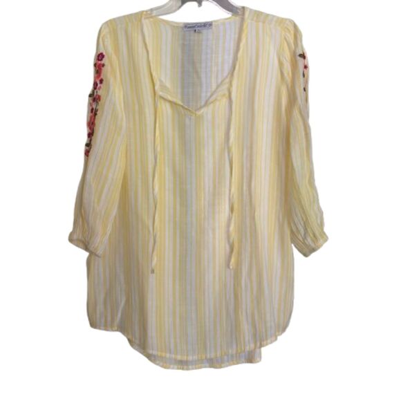Sweet Violet Yellow Strip Floral Embroidered Sleeve Rayon Blouse Woman's M #BD - Picture 1 of 6